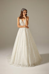 Sheila V Yaka Sarma Boncuk İşli Işıltılı Boydan Dantelli A Kesim Gelinlik - Mediha Cambaz Bridal