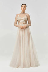 Silver Swarovski Kasnak File Detaylı Uzun Kollu Metalik Gelinlik - Mediha Cambaz Bridal