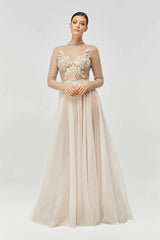 Silver Swarovski Kasnak File Detaylı Uzun Kollu Gri Metalik Gelinlik - Mediha Cambaz Bridal