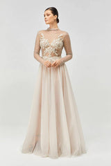 Silver Swarovski Kasnak File Detaylı Uzun Kollu Gri Metalik Gelinlik - Mediha Cambaz Bridal