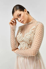 Silver Swarovski Kasnak File Detaylı Uzun Kollu Metalik Gelinlik - Mediha Cambaz Bridal