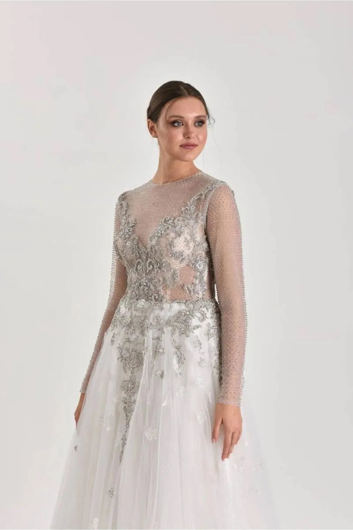 Silverstone Gri Dantelli A Kesim Gelinlik - Mediha Cambaz Bridal