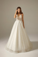 Tenty Simli Dantel Tül V Yaka A Kesim Gelinlik - Mediha Cambaz Bridal