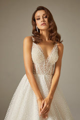 Tenty Simli Dantel Tül V Yaka A Kesim Gelinlik - Mediha Cambaz Bridal