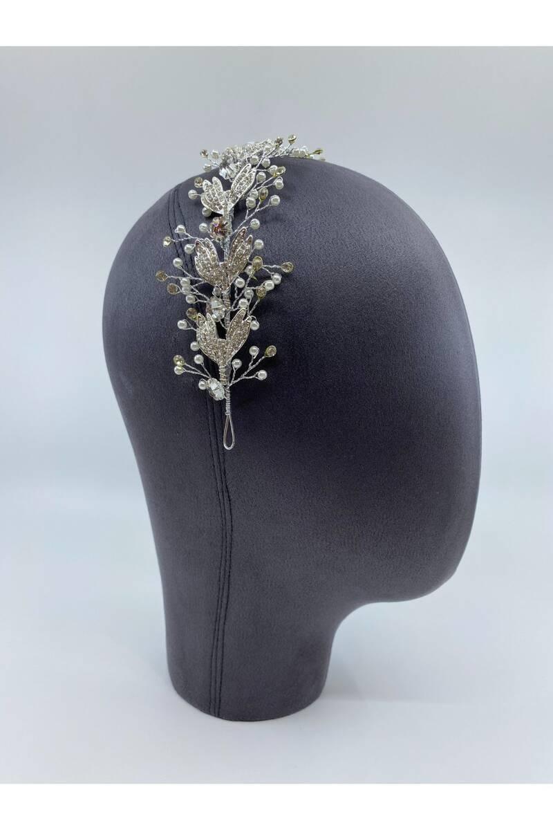 Yaprak Taş Desenli İncili Taşlı Gümüş Saç Aksesuarı - Mediha Cambaz Bridal