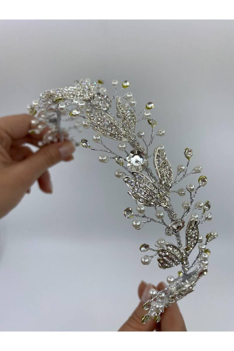 Yaprak Taş Desenli İncili Taşlı Gümüş Saç Aksesuarı - Mediha Cambaz Bridal