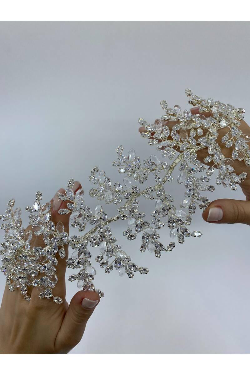 Zirkon ve Damla Kristalli Yaprak Desenli Saç Aksesuarı - Mediha Cambaz Bridal