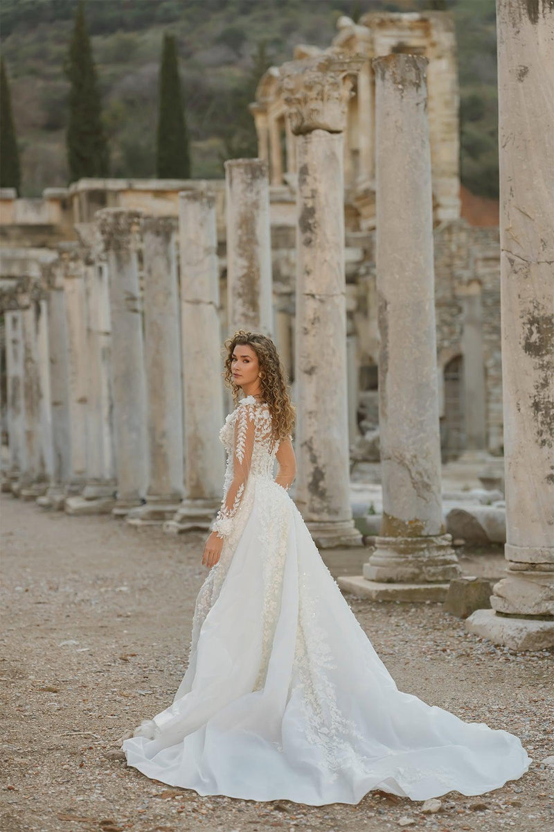 Long Sleeve Sparkly and Three Dimensional Wedding Dress with Matte Fishtail Integrated Skirt