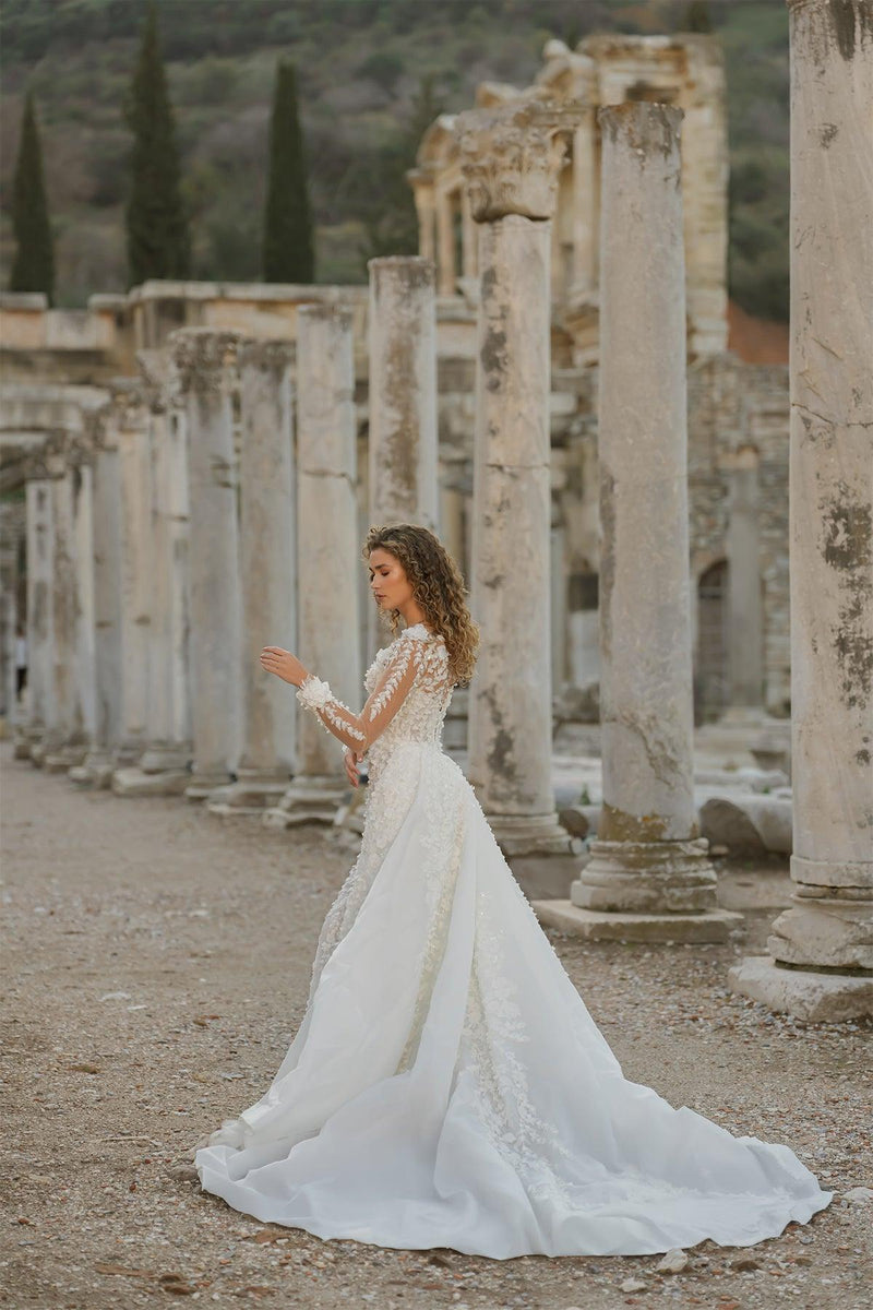 Long Sleeve Sparkly and Three Dimensional Wedding Dress with Matte Fishtail Integrated Skirt