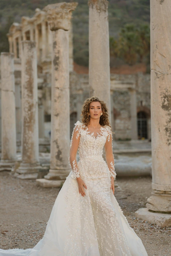 Long Sleeve Sparkly and Three Dimensional Wedding Dress with Matte Fishtail Integrated Skirt