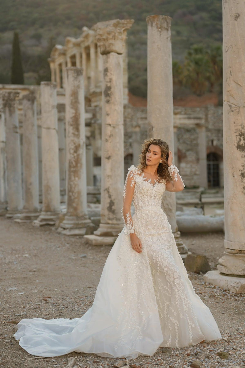 Long Sleeve Sparkly and Three Dimensional Wedding Dress with Matte Fishtail Integrated Skirt