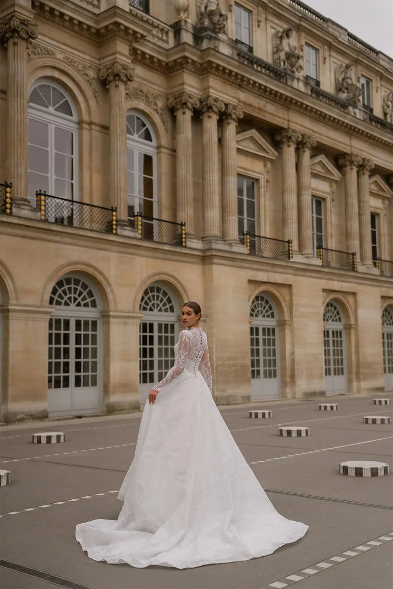 Verano Grandad Collar French Lace Bodice Long Sleeve A-Line