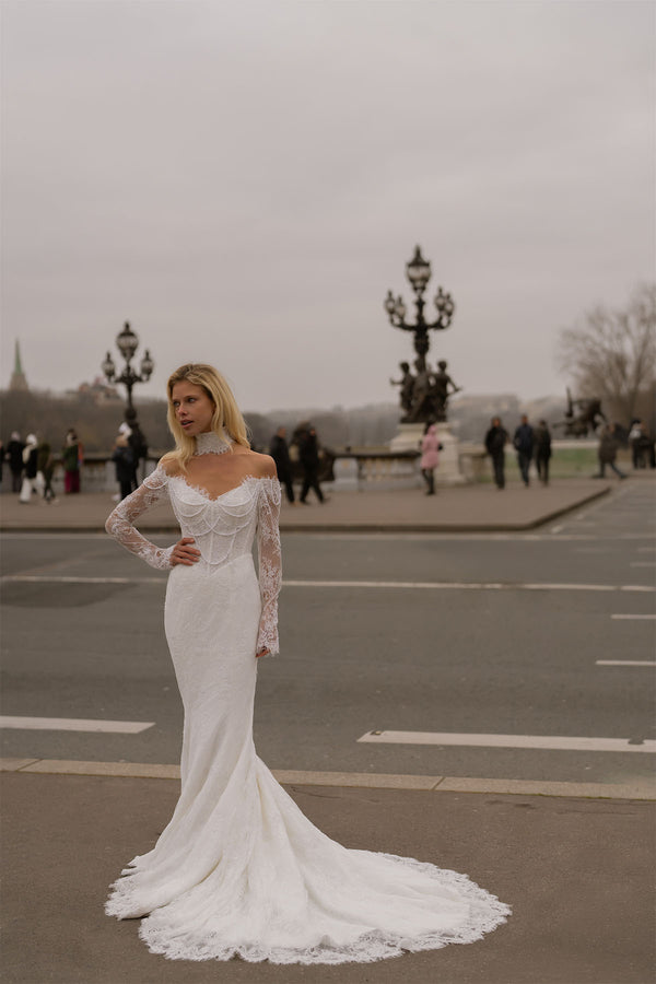 La Belle Long Sleeve Bateau Neck Pearled French Lace Mermaid Wedding Dress