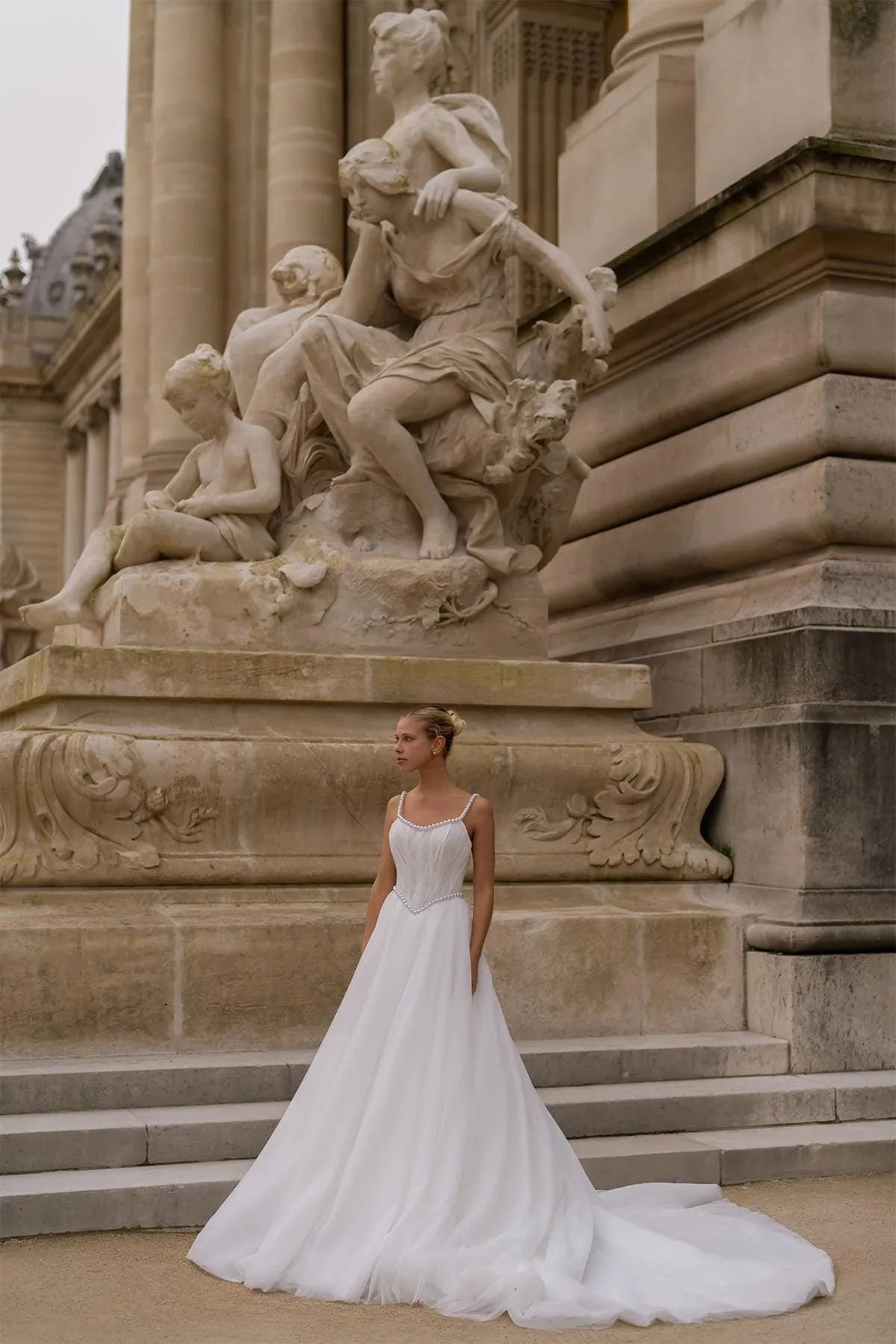 Novella Tül Drapeli İncili Askılı A Kesim Gelinlik - Mediha Cambaz Bridal