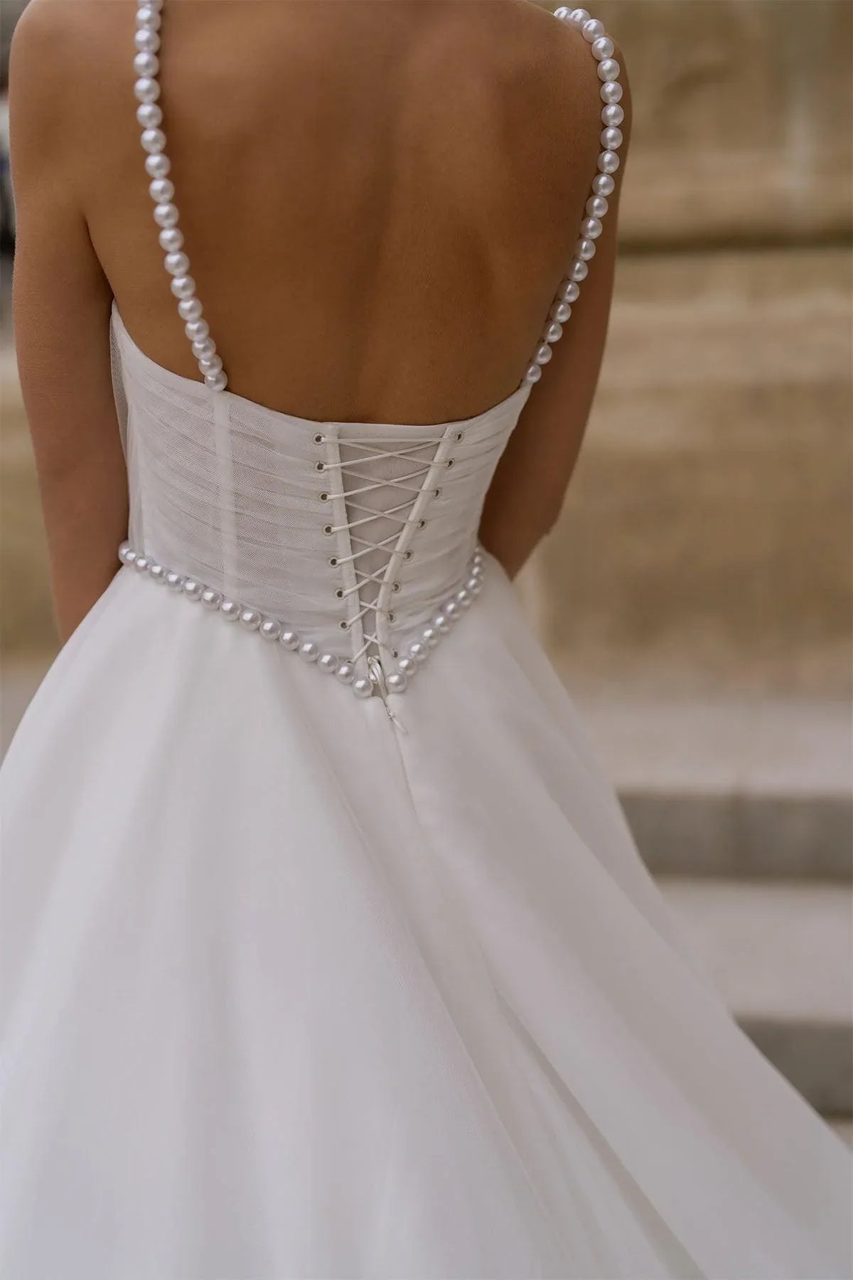 Novella Tül Drapeli İncili Askılı A Kesim Gelinlik - Mediha Cambaz Bridal