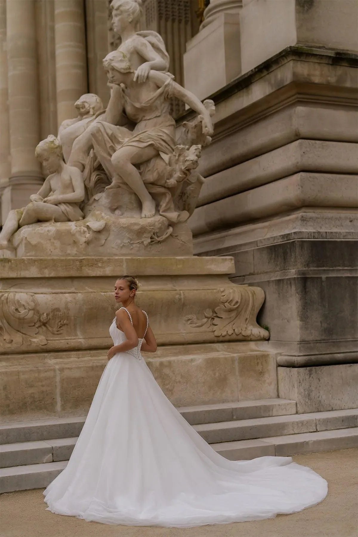 Novella Tül Drapeli İncili Askılı A Kesim Gelinlik - Mediha Cambaz Bridal