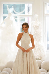 Blush Halter Yaka Dantelli Kolsuz Prenses Gelinlik