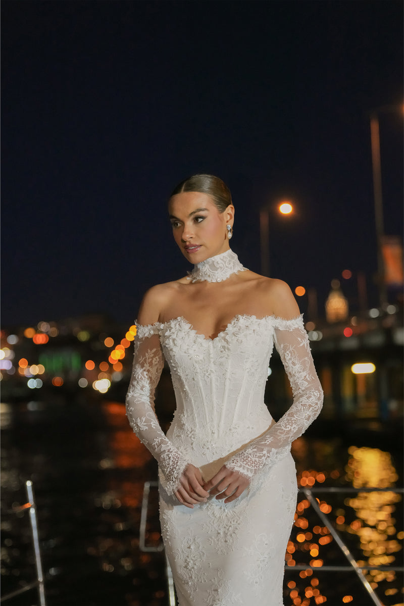 Mirelle M Yaka Korsajlı Fransız Dantelli Balık Gelinlik
