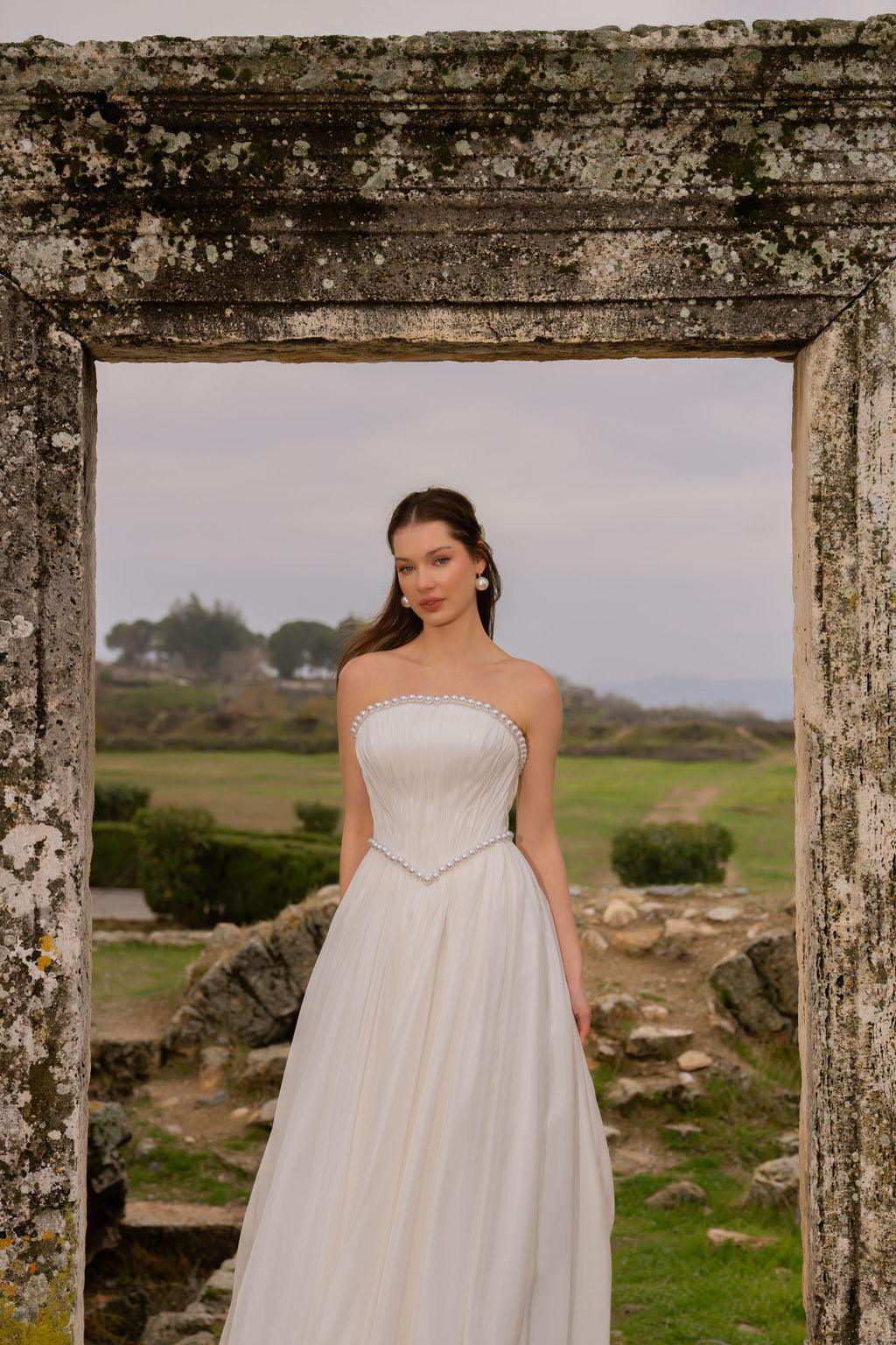 Zenobia Straplez Drapeli İncili Bohem Gelinlik - Mediha Cambaz Bridal