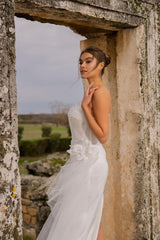 Antiope Draped Floral Appliqued Straight Cut Wedding Dress