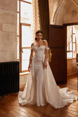 Etoile Fransız Dantel Entegre Etekli Balık Düşük Kol Gelinlik - Mediha Cambaz Bridal