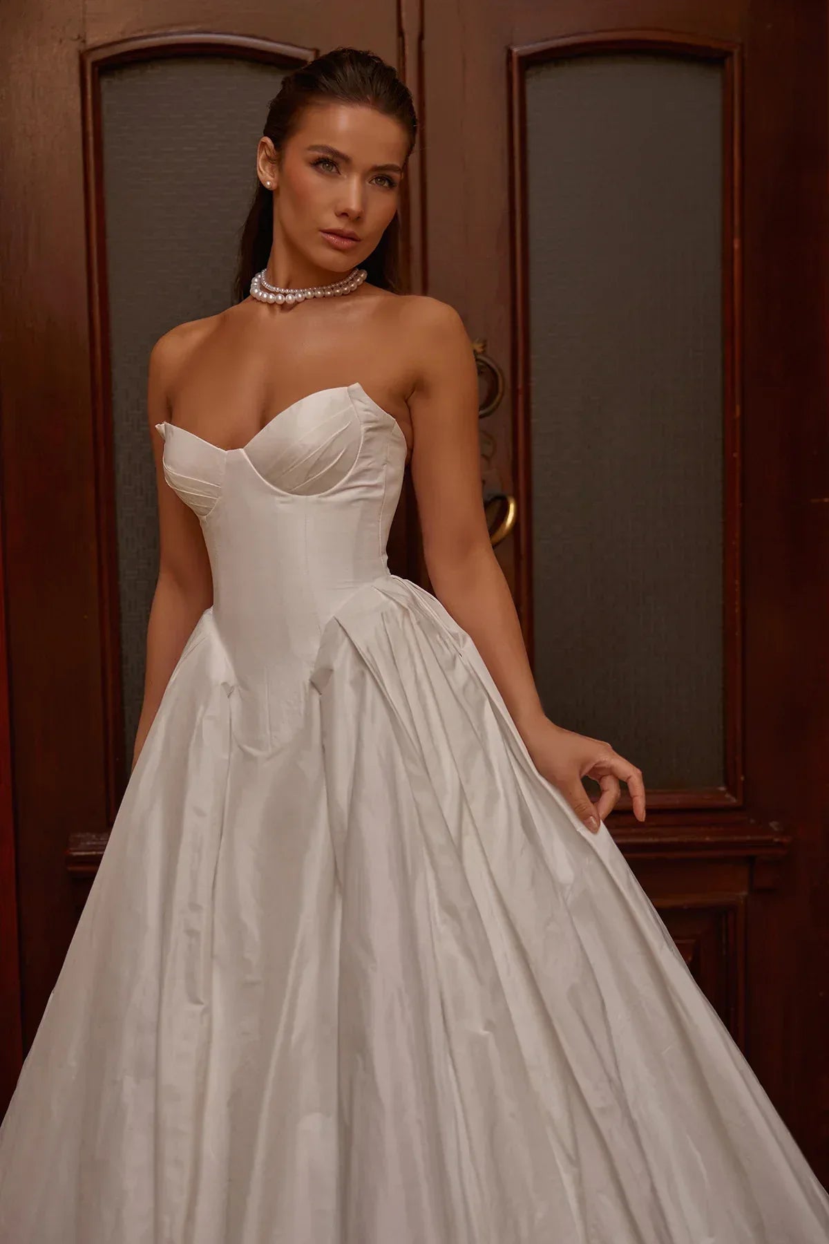 Courna Drape Detaylı İpek Tafta Straplez Gelinlik - Mediha Cambaz Bridal