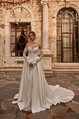 Velvet Saten Entegre Korseli İçi Balık Üstü Prenses Entegre Kollu Eldivenli Fransız Danteli Gelinlik - Mediha Cambaz Bridal