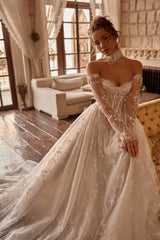 Souffle Straplez Kayık Yaka Fransız Dantel Kollu A Kesim Transparan Gelinlik - Mediha Cambaz Bridal