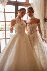 Souffle Straplez Kayık Yaka Fransız Dantel Kollu A Kesim Transparan Gelinlik - Mediha Cambaz Bridal