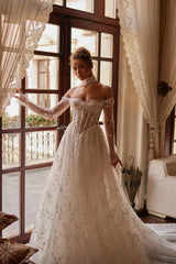 Souffle Straplez Kayık Yaka Fransız Dantel Kollu A Kesim Transparan Gelinlik - Mediha Cambaz Bridal