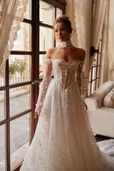 Souffle Straplez Kayık Yaka Fransız Dantel Kollu A Kesim Transparan Gelinlik - Mediha Cambaz Bridal