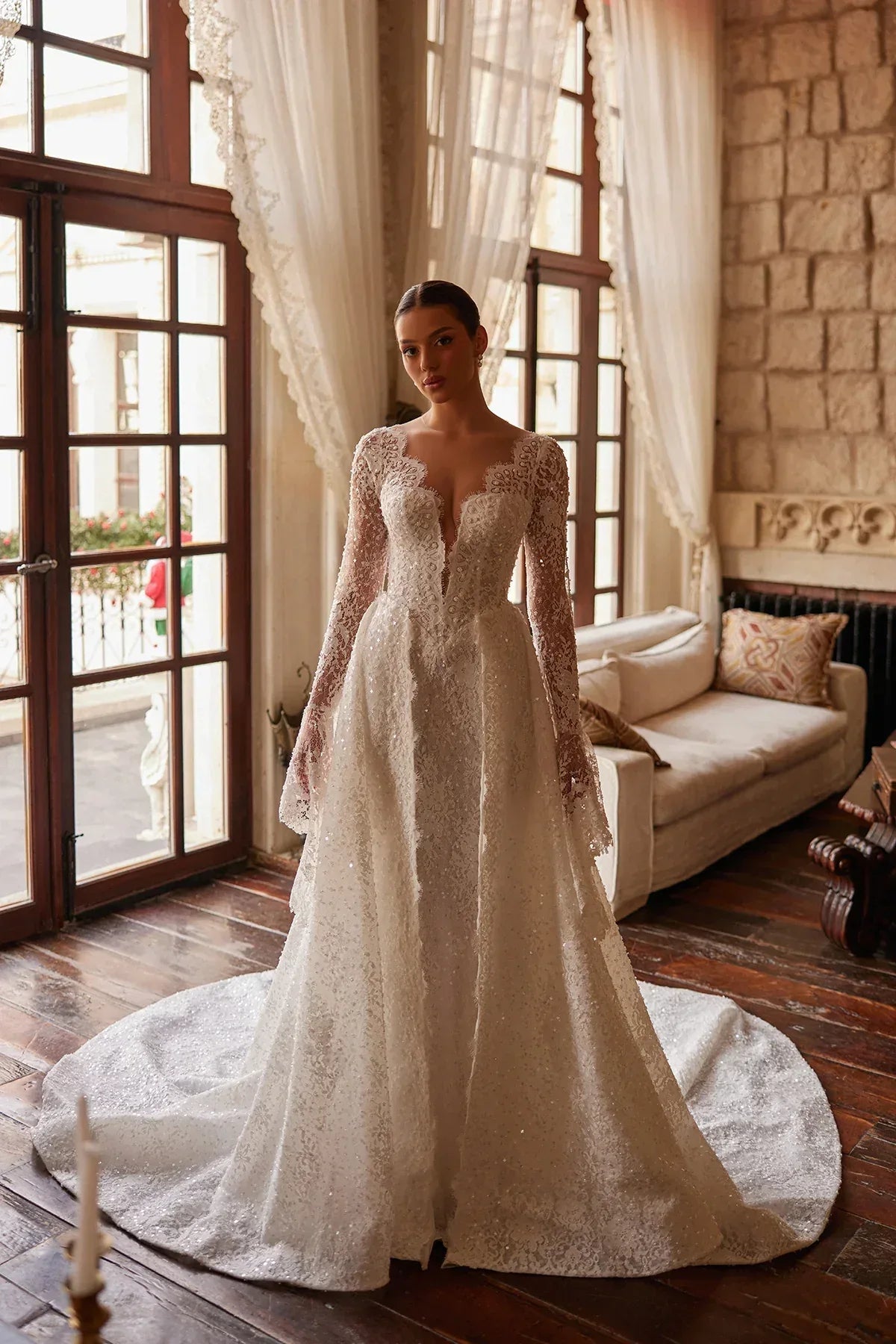 spanish style bridesmaid dresses Long Sleeve Wedding Perle French Lace Wedding Dress With Spanish Sleeves, V-Neck wedding guest 20260813 Flutter Sleeve Draped Wrap Color:Skyblue