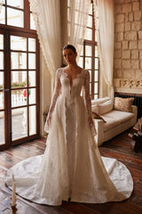 Perle Fransız Dantelli İspanyol Kol V Yaka Balık Entegre Etekli Gelinlik - Mediha Cambaz Bridal