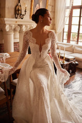 Perle Fransız Dantelli İspanyol Kol V Yaka Balık Entegre Etekli Gelinlik - Mediha Cambaz Bridal