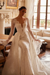 Perle Fransız Dantelli İspanyol Kol V Yaka Balık Entegre Etekli Gelinlik - Mediha Cambaz Bridal