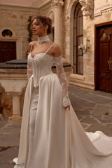 Velvet Saten Entegre Korseli İçi Balık Üstü Prenses Entegre Kollu Eldivenli Fransız Danteli Gelinlik - Mediha Cambaz Bridal