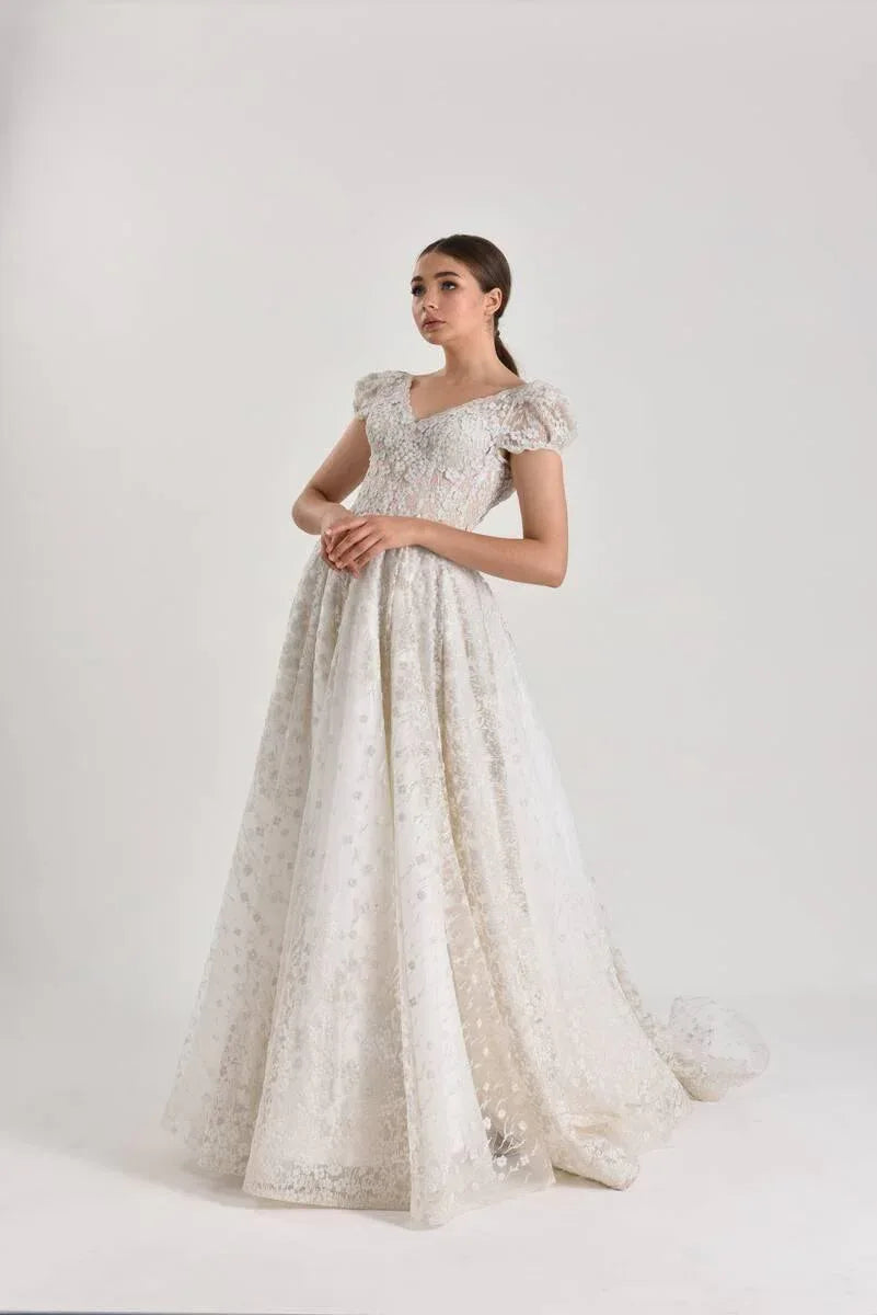 Aurora Simli Yarım Kol Cepli A kesim Gelinlik - Mediha Cambaz Bridal