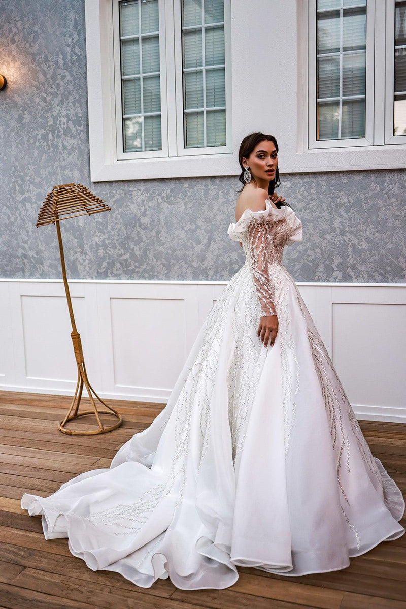 Charlotte Tek Uzun Kollu Gümüş Payetli Prenses Model Gelinlik - Mediha Cambaz Bridal