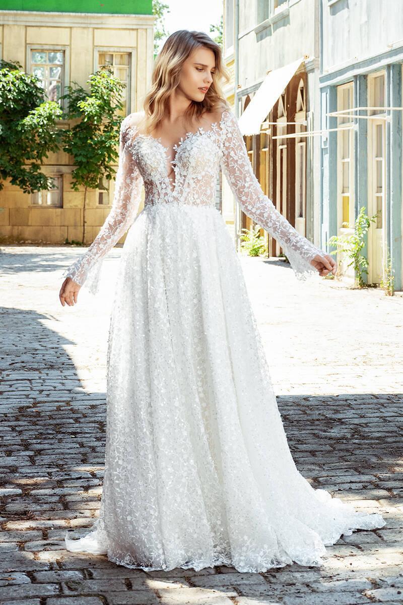 Crispy Çiçek Motifli Dantel A Kesim Gelinlik - Mediha Cambaz Bridal