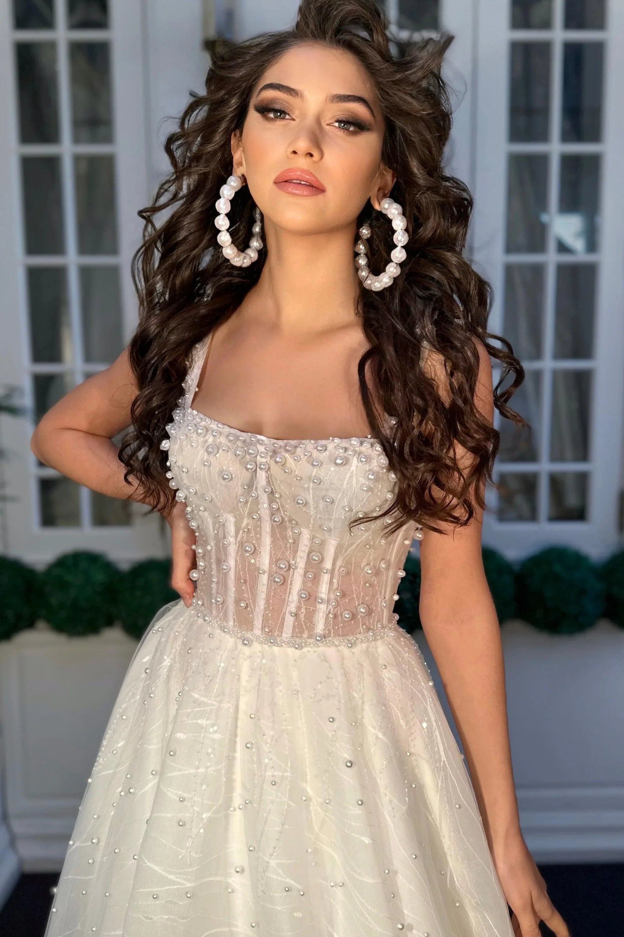 Delfina İncili Kare Yaka A Kesim Gelinlik - Mediha Cambaz Bridal