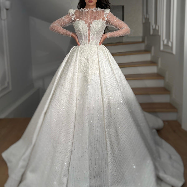 Dubai Luxury Puffy White Wedding Dresses With Long Train Glitter Crystal  Beaded Bridal Ball Gowns Vestido De Novia - AliExpress