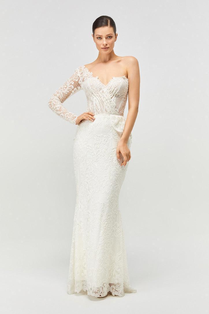 Distinct Özel Dokulu Fransız Danteli Tek Omuz Düz Gelinlik - Mediha Cambaz Bridal