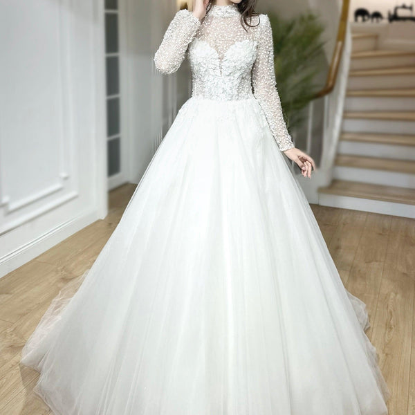 Doskin Mesh Lace Long Sleeve A-Line Wedding Dress | Mediha 