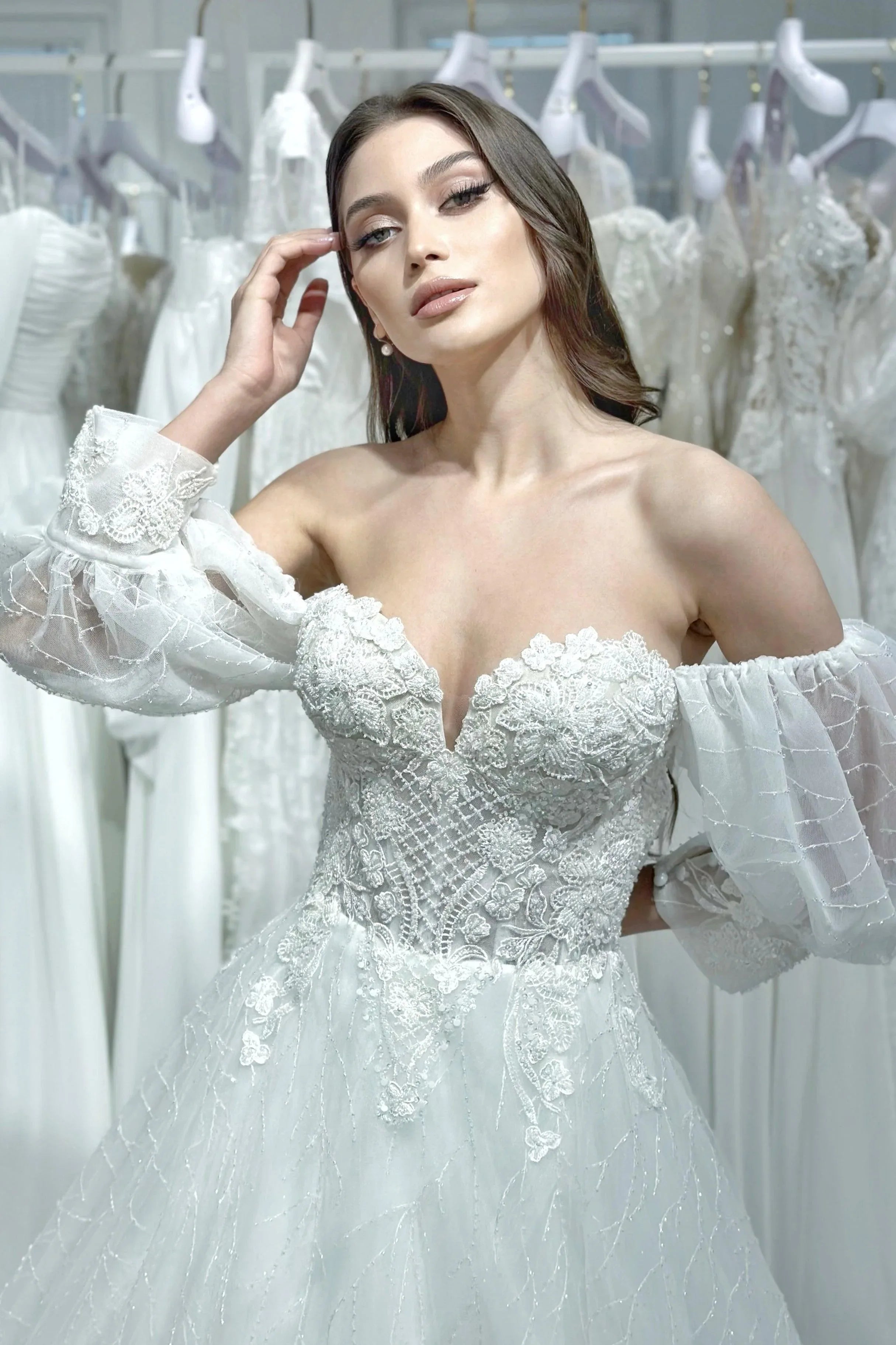 Erin Düşük Balon Kollu A Kesim Gelinlik - Mediha Cambaz Bridal