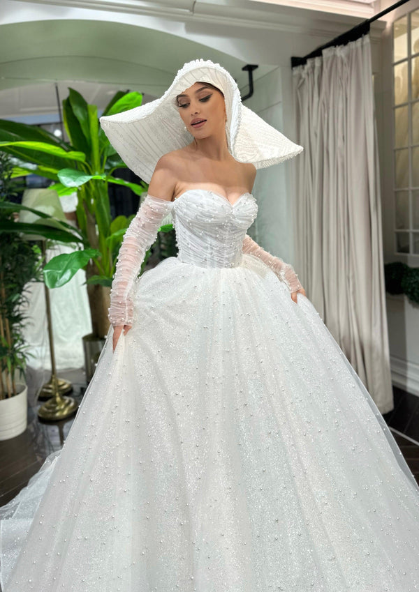 Eve Straplez İncili Tül Prenses Model Gelinlik - Mediha Cambaz Bridal