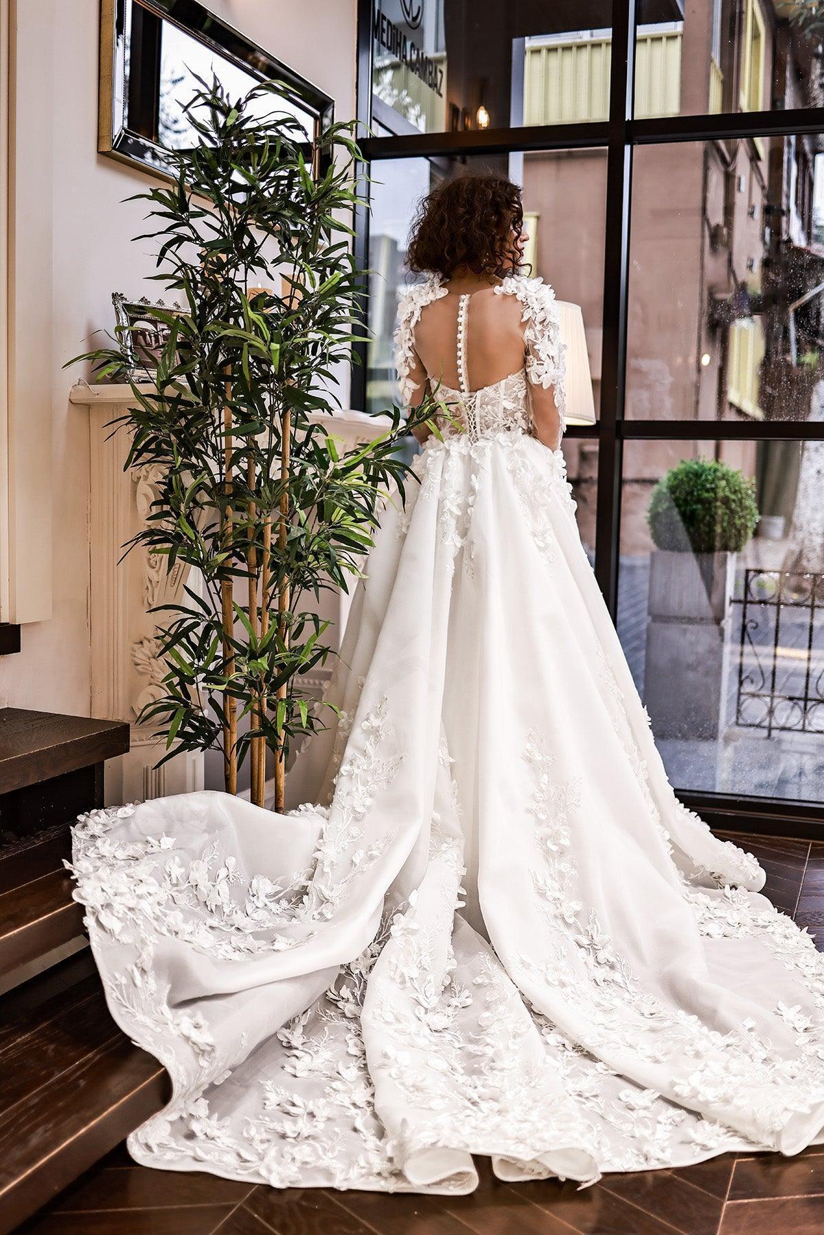 Flamenco Üç Boyut Çiçekli Portatif Uzun Kollu A Kesim Gelinlik - Mediha Cambaz Bridal