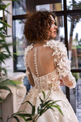 Flamenco Üç Boyut Çiçekli Portatif Uzun Kollu A Kesim Gelinlik - Mediha Cambaz Bridal