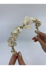 Gold Telli Krem Üç Boyutlu Çiçeklerden Saç Aksesuarı - Mediha Cambaz Bridal