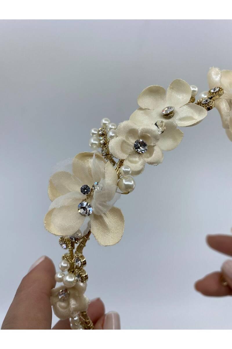 Gold Telli Krem Üç Boyutlu Çiçeklerden Saç Aksesuarı - Mediha Cambaz Bridal