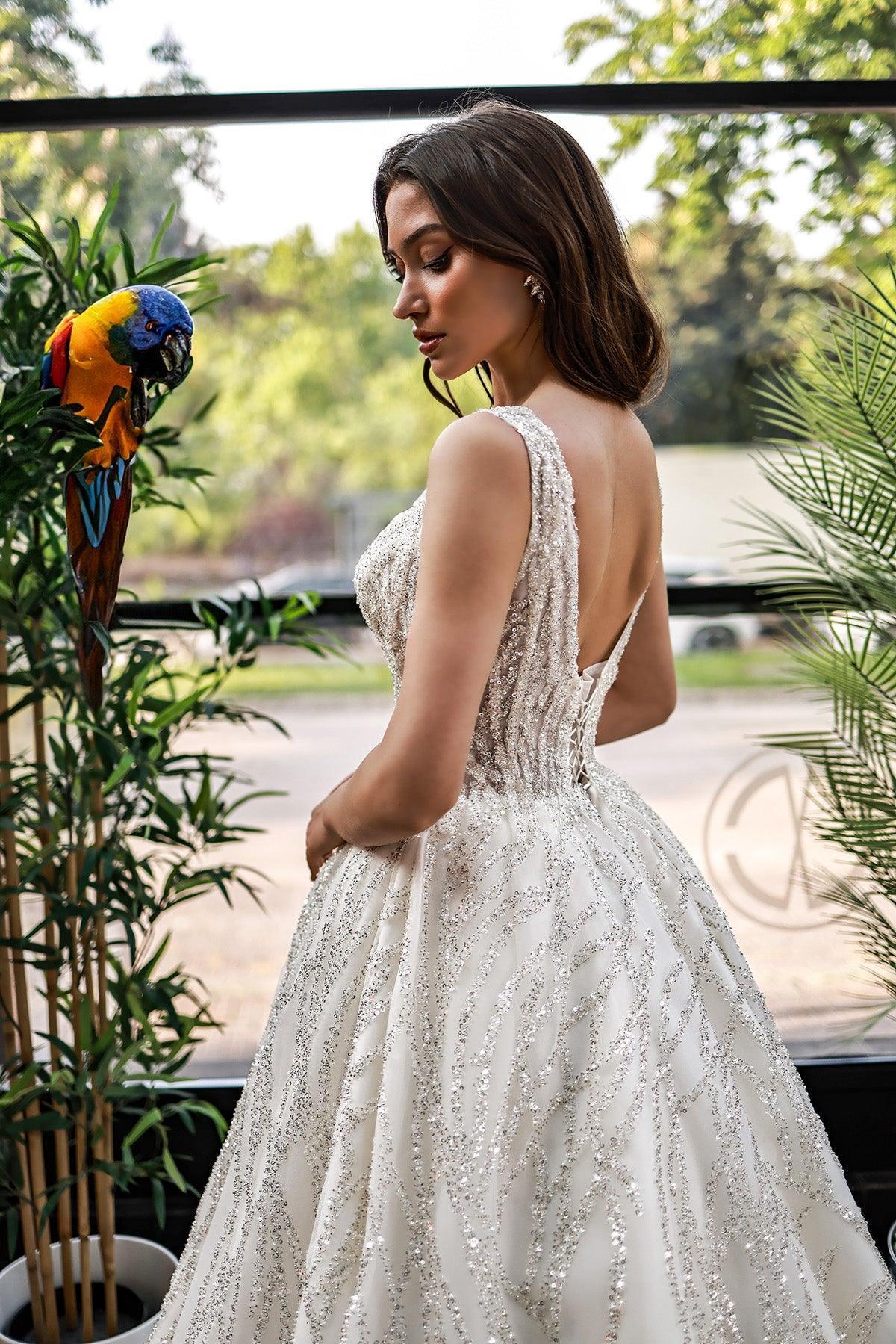 Hagor Askılı Çizgisel Dantelli Prenses Model Gelinlik - Mediha Cambaz Bridal